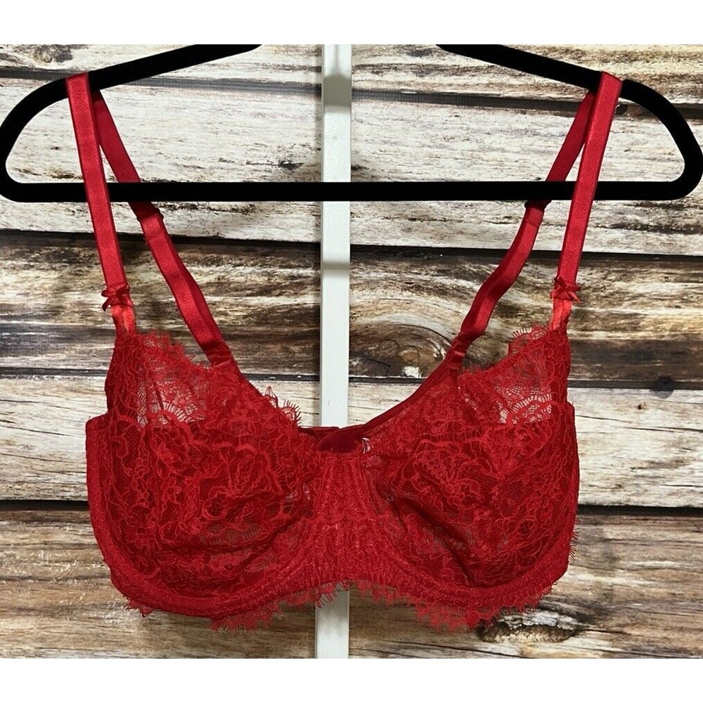 Victoria's Secret 38DD Deep Red Lace Pushup Underwire Bra Unpadded Lingerie